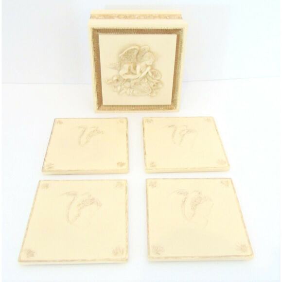 Angelic Coasters In Trinket Box In 3-D Praying Angel Lid Resin Box Set 4 - Picture 7 of 7